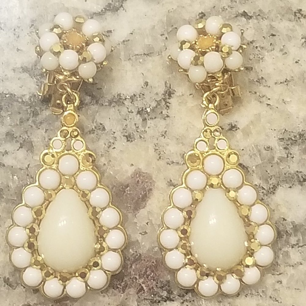 VINTAGE STATEMENT JOSE MARIA BARRERA WHITE GOLD DROP DANGLE CHANDELIER EARRINGS